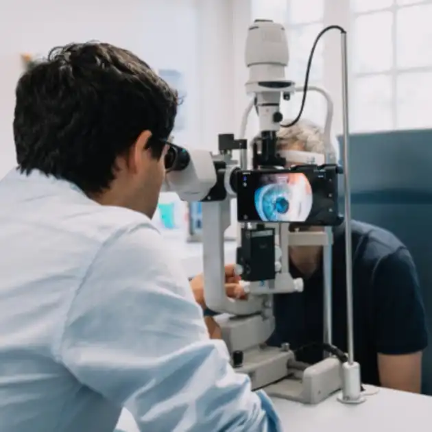 Ophthalmologist capturing anterior segment image using a slit lamp with a smartphone camera system MicroREC